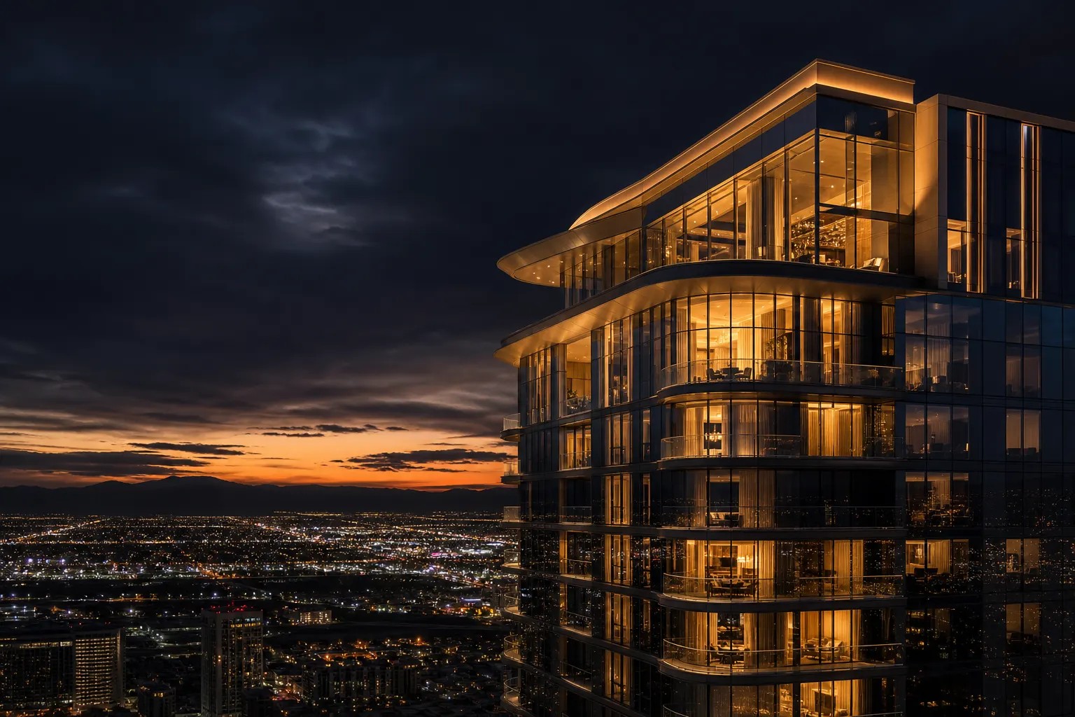 Las Vegas high-rise condo tower at dusk — illustrative image for Palms Place condos for sale