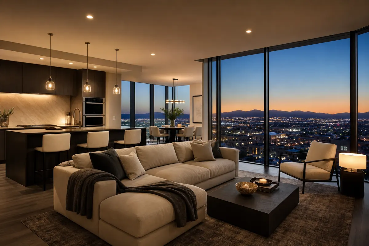 Palms Place one-bedroom condo living room at twilight — real building photo