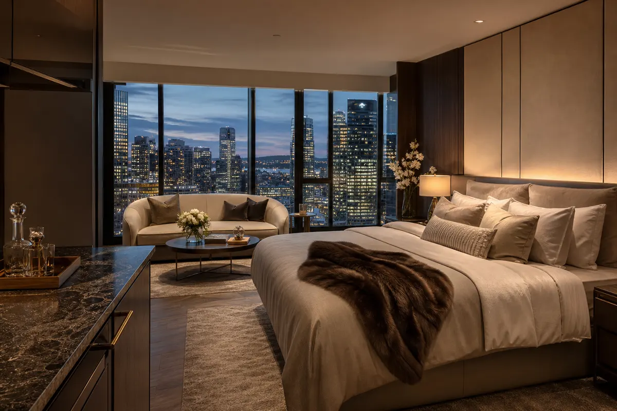 Palms Place studio condo interior with city view — real building photo