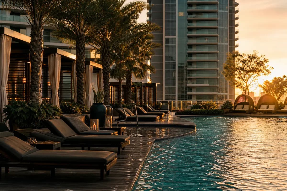 Palms Place pool deck with cabanas at golden hour — real building photo